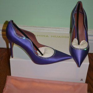 Amina Muaddi Romy Wavy Crystal Detail Satin Pumps